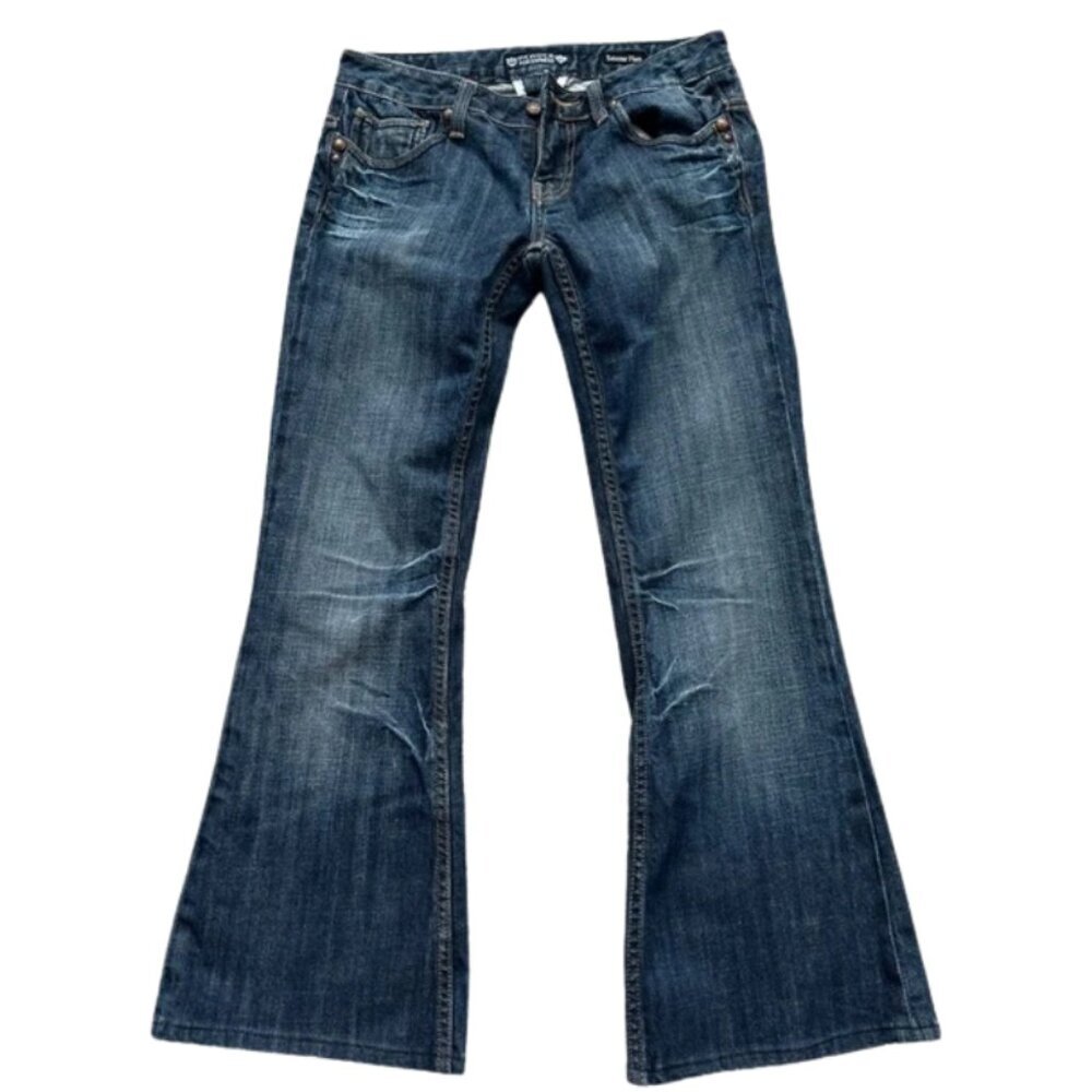 Rerock for Express Women’s Extreme Flare Dark Blue Denim Jeans Rhinestone Size 4